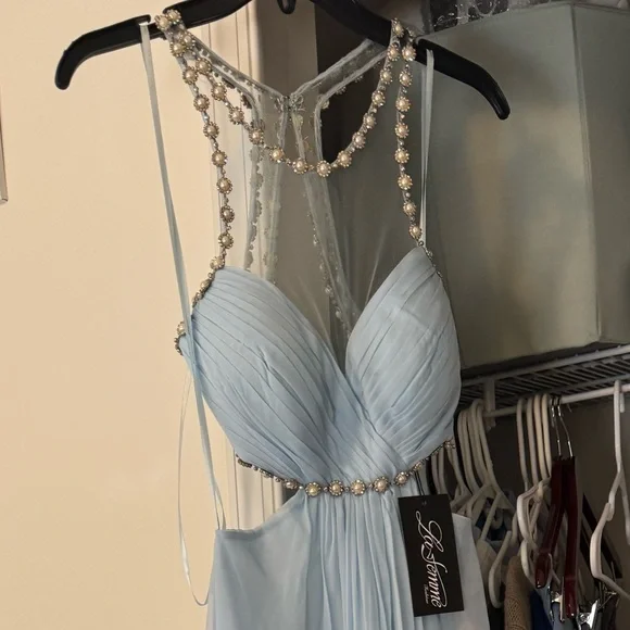 NEW WITH TAGS La Femme High-Neck Cut-out Prom Dress - Picture 4 of 4